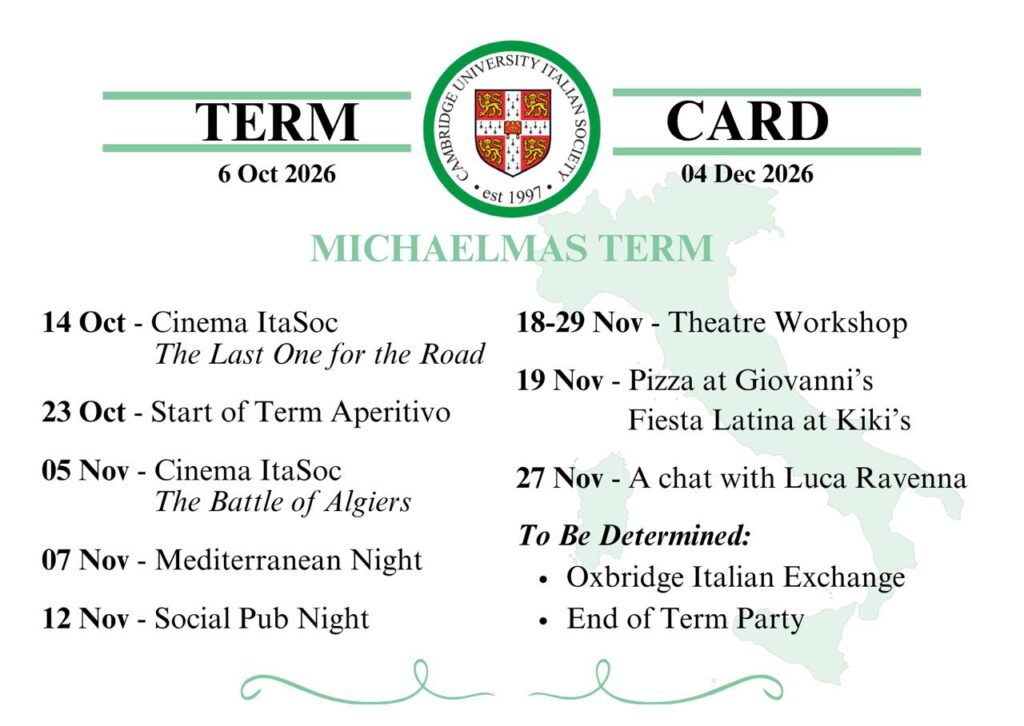 Cambridge University Italian Society Michaelmas Term Card 2026